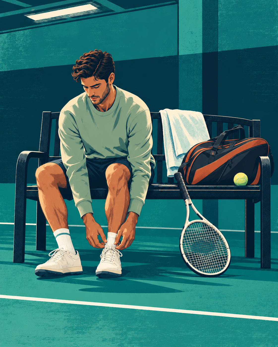 Illustration of a player sitting on a court bench tying his shoes, with a racket, towel and ball beside him