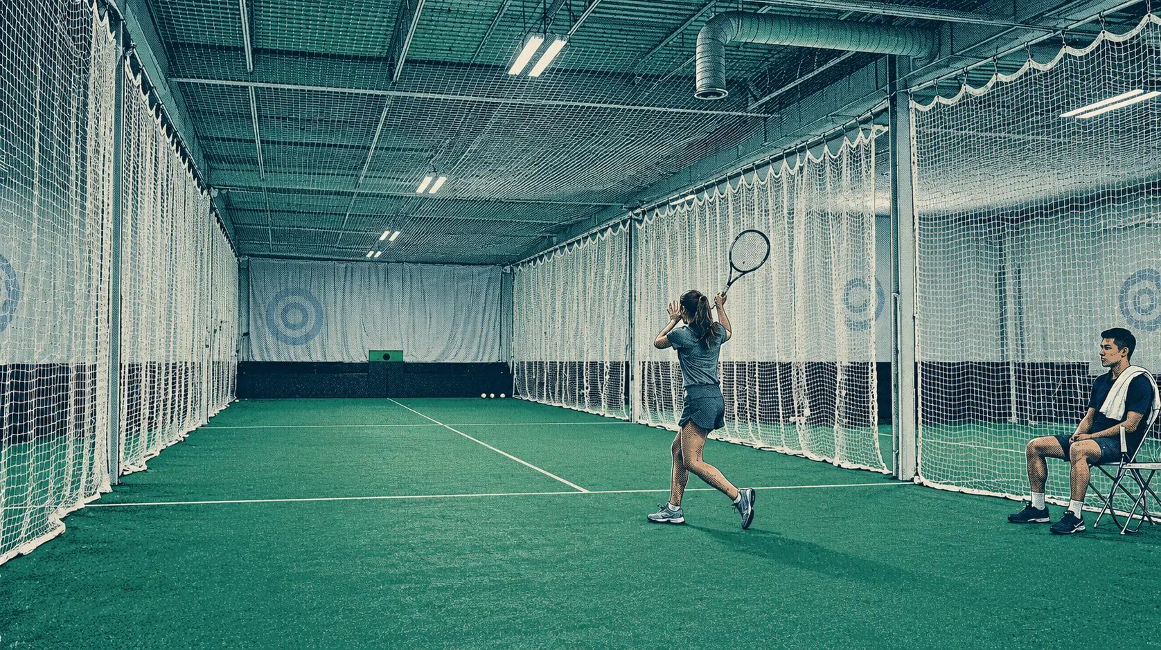 Private Tempo Tennis Lab court with target wall and ball machine